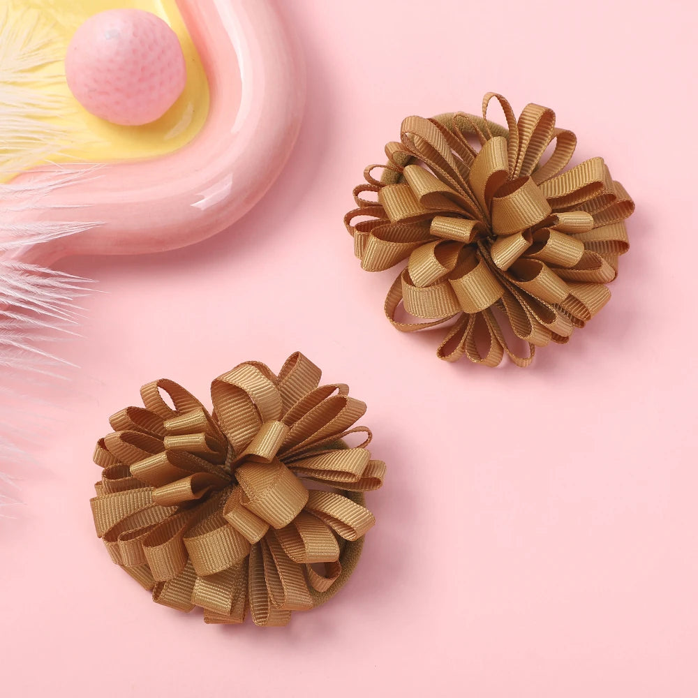10Pcs random color ribbon flower hair band for girls ponytail head rope elastic embroidered ball headband hairdress