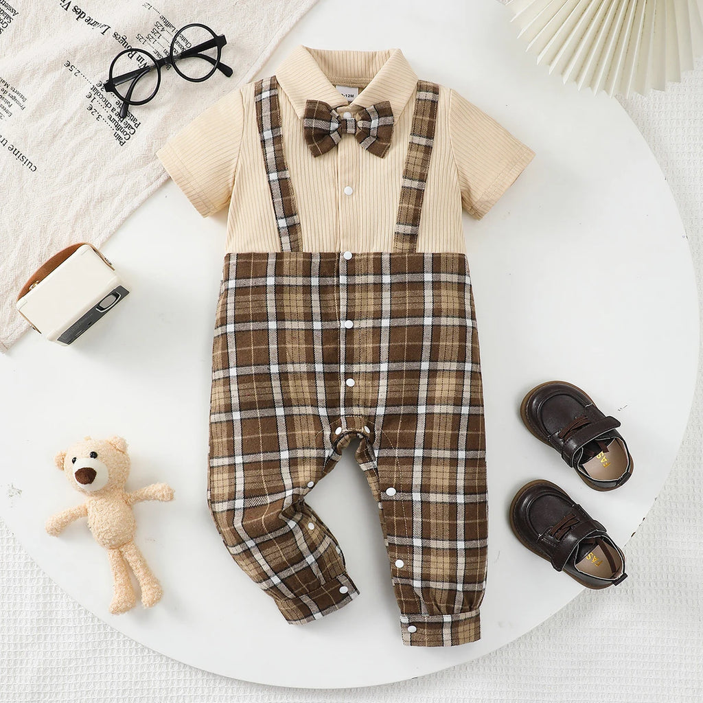 Newborn Baby boy Jumpsuit Small Gentleman Style color Blocked checkered Jumpsuit for 0-18 Month Baby boy Summer Birthday Parties