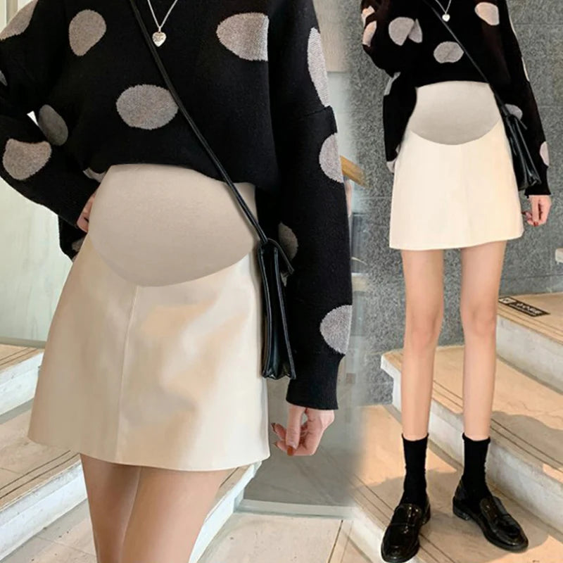 Pretty Maternity Autumn Skirts Vintage High Waist Pregnant Woman Slim Belly Skirts Elegant Pregnancy A-line Pu Leather Skirt