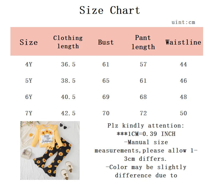 Children's clothing Girl Set Sunflower Print Top+Flared Long sleeved Two-piece Set for 4-7 Year old girls in Spring Autumn Set