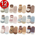 12 Pairs of Boys and Girls' Anti Slip Socks with Cute Cartoon Animal Patterns, Comfortable and Breathable Baby Floor Socks