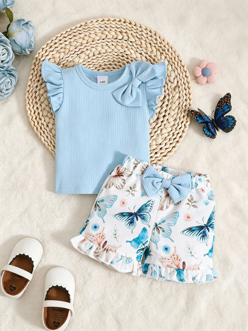 Sweet Two-Piece Set for Baby Girls, Featuring a Ruffled Lace Bow Round-Neck Pullover, Soft Ribbed Tank Top + Butterfly Floral Print & Bow Lace Shorts, Suitable for Casual Outdoor Activities, Spring and Summer