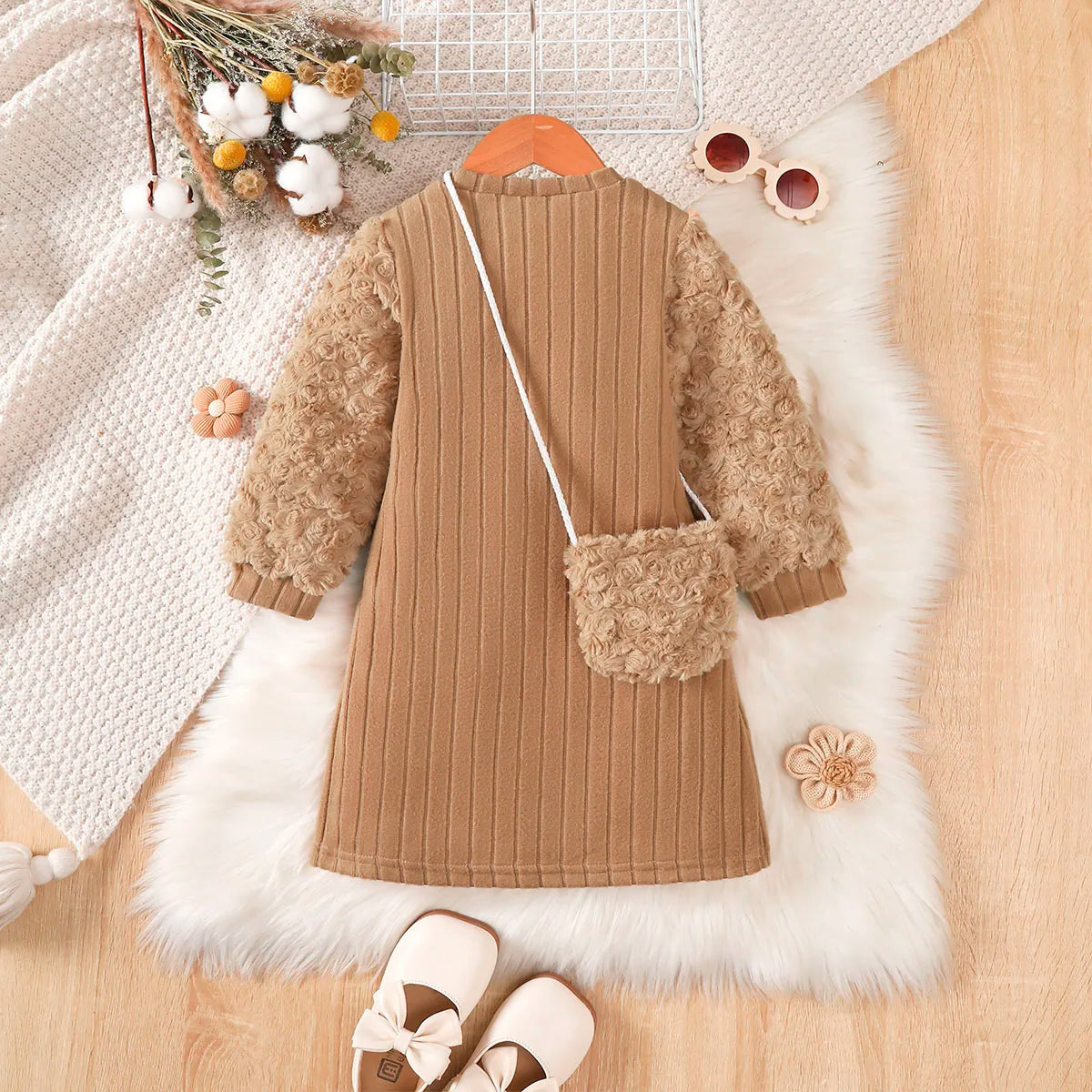 Kid Girls' Dress Brown Long sleeved Splice Fashion Dress+Mini Bag Two-piece Set 4-7 Year old girls' Autumn and Winter Dress