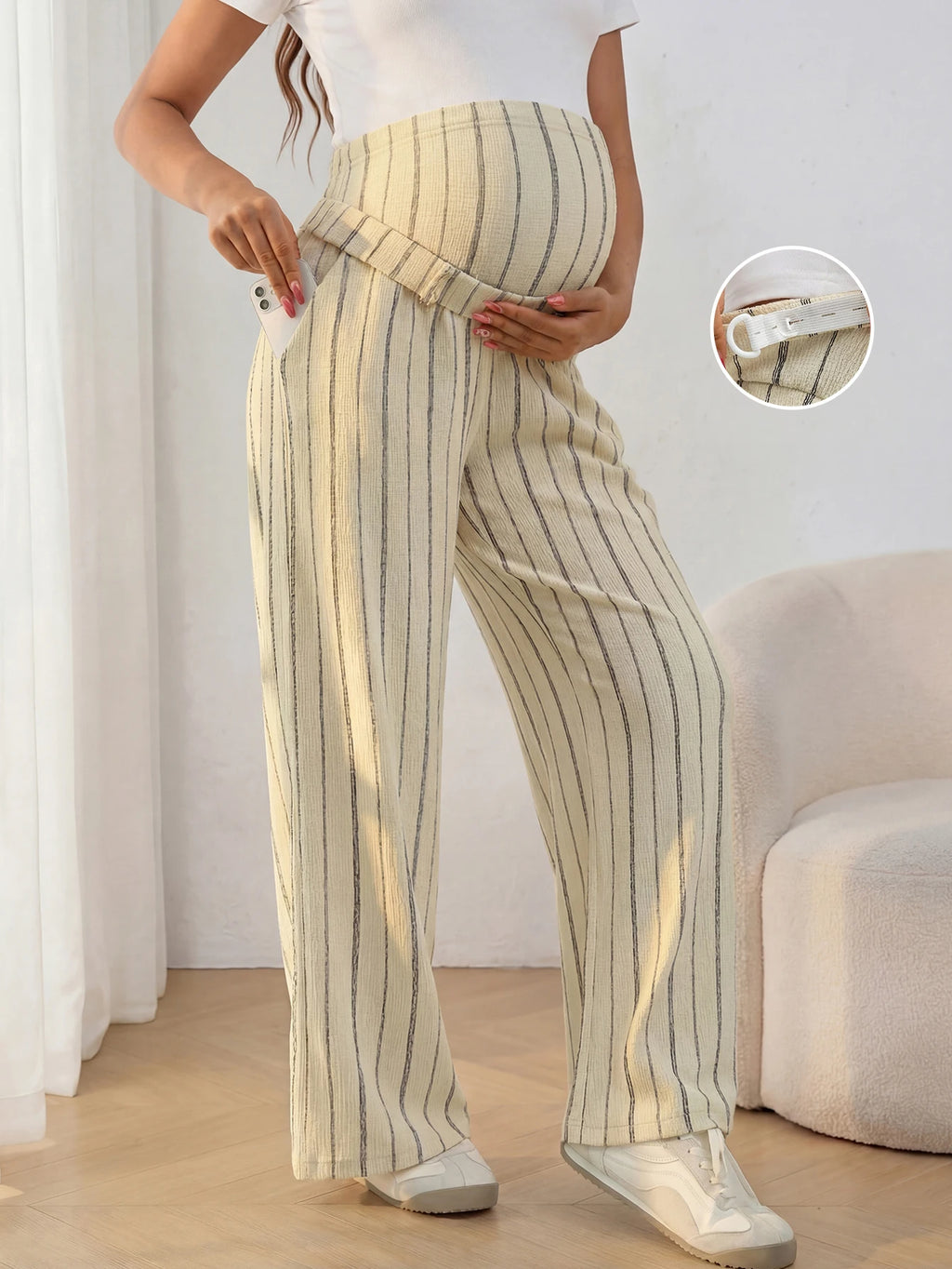 Maternity Women Striped Adjustable Waist Wide Leg Dress Leggings for Casual Work and Under Dresses