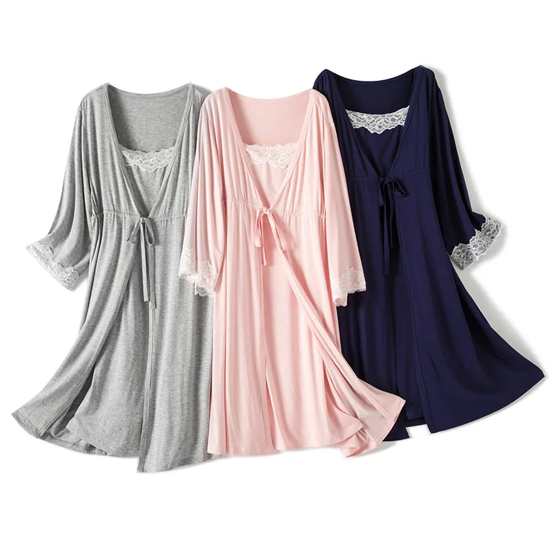 2pcs/Set Pregnancy Pajamas Sleepwear Nursing Pregnant Woman Sling Breastfeeding Nightgown Maternity Labor Dress+Robe Childbirth