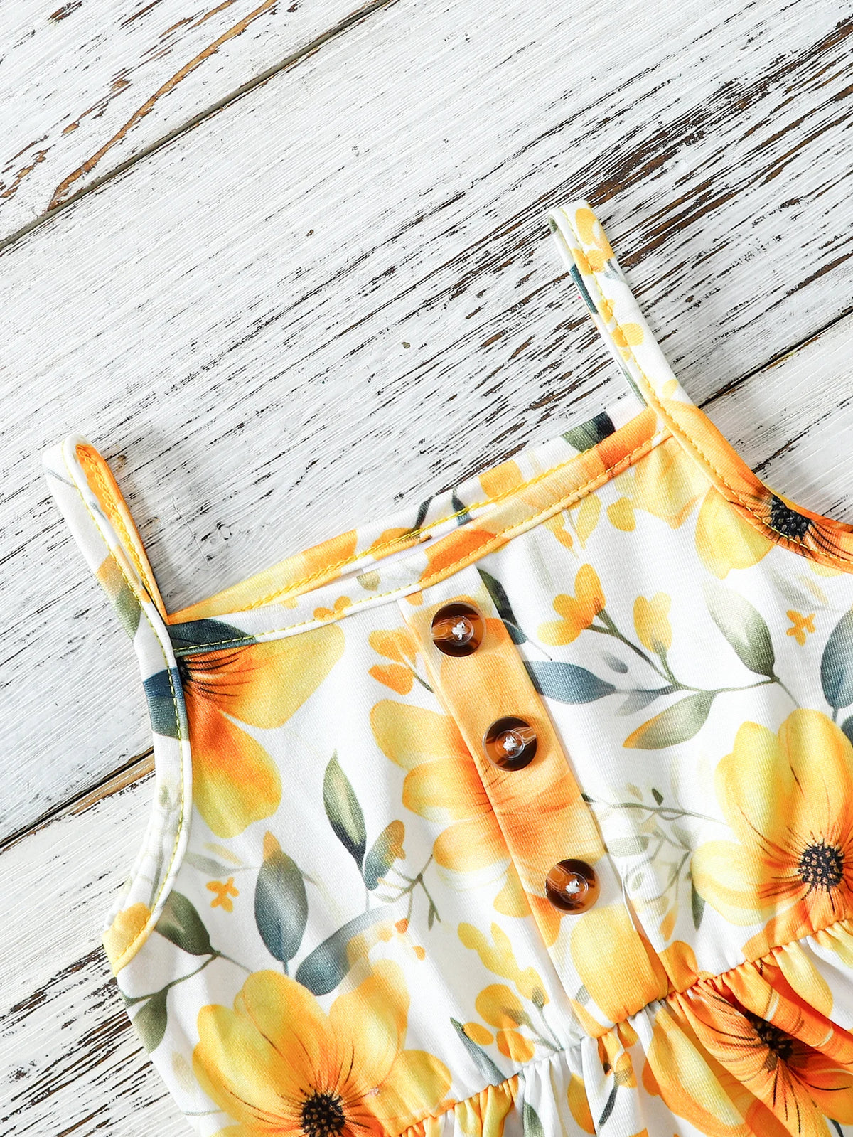 2pcs Summer Baby Girls Yellow Floral Dress Set, Cute Spaghetti Strap Sundress + Bucket Hat, Sweet Style, Daily/Beach Wear, 0-18M