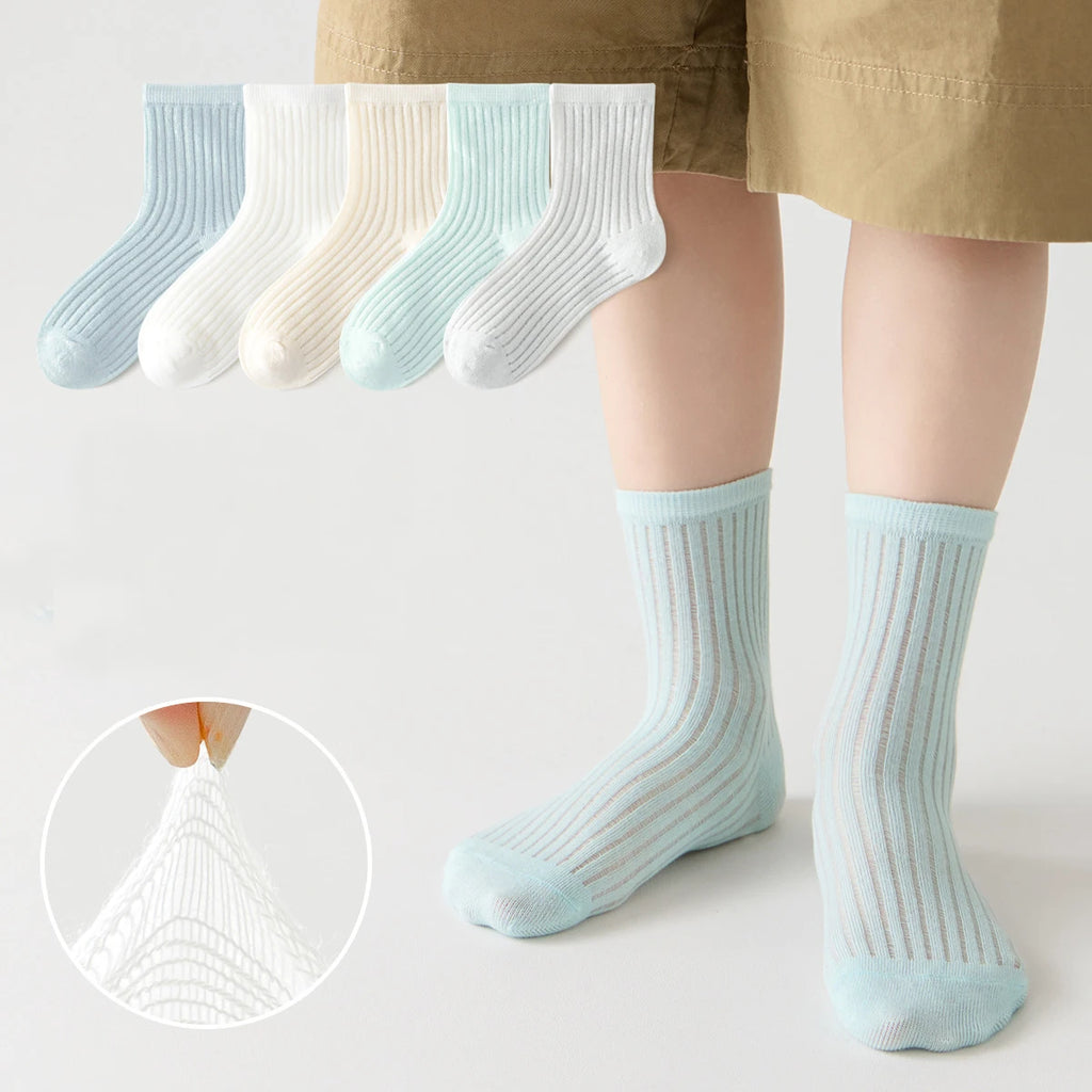 5 Pairs Cotton Childrens Mesh Socks Soft Thin Spring Summer Sock Kids Baby Solid Color Sock Boys Girls Breathable Casual Sockens