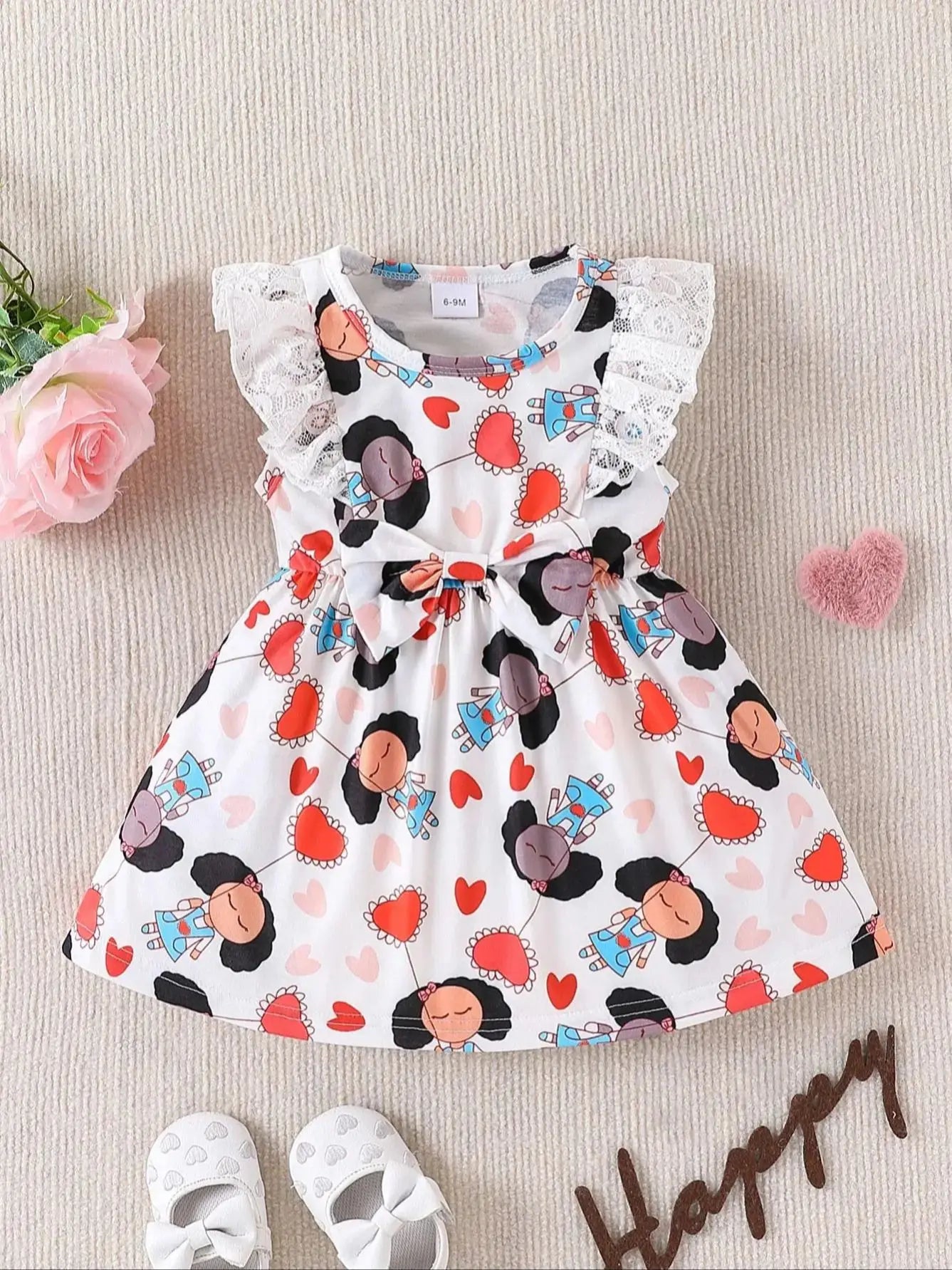 Summer Fashion Baby Girl Full Body Printed Lace Vest Dress with Bow Decoration round Neck Lace Decoration