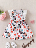 Summer Fashion Baby Girl Full Body Printed Lace Vest Dress with Bow Decoration round Neck Lace Decoration