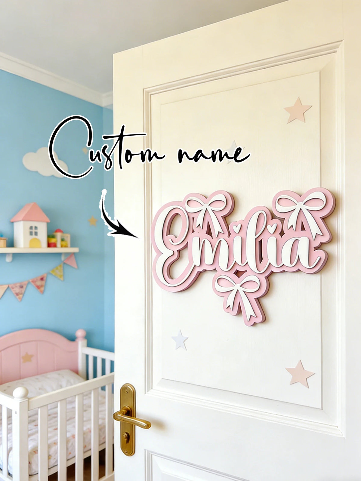 Personalized Wooden Name Sign for Girls – Pink Bow Heart Cursive Nursery Wall Decor
