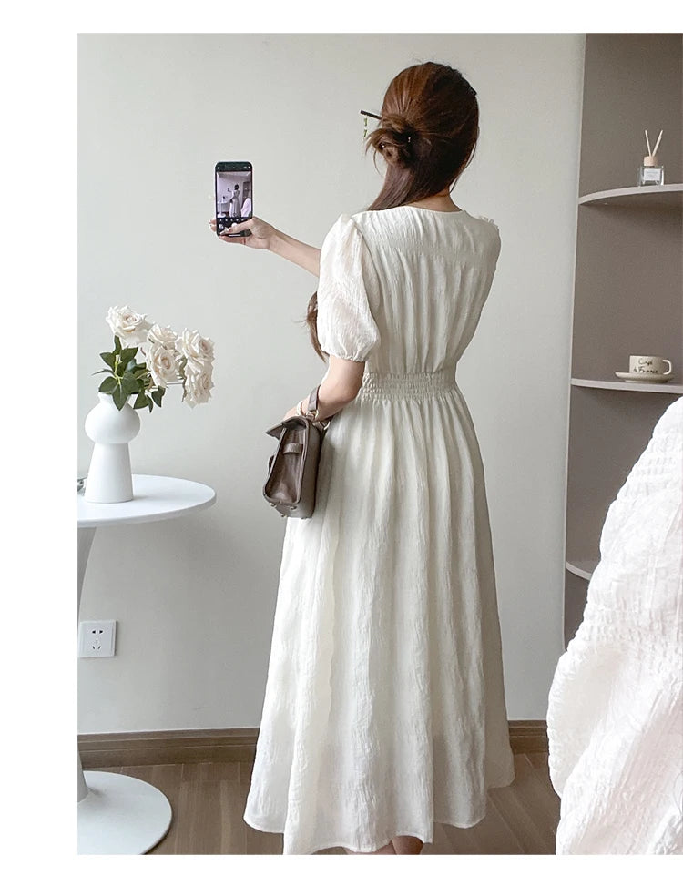 French Style Summer Maternity Pleated Dress High Waist V-neck Short Sleeve Pregnant Woman Elegant Dress Pregnancy Clothes Loose