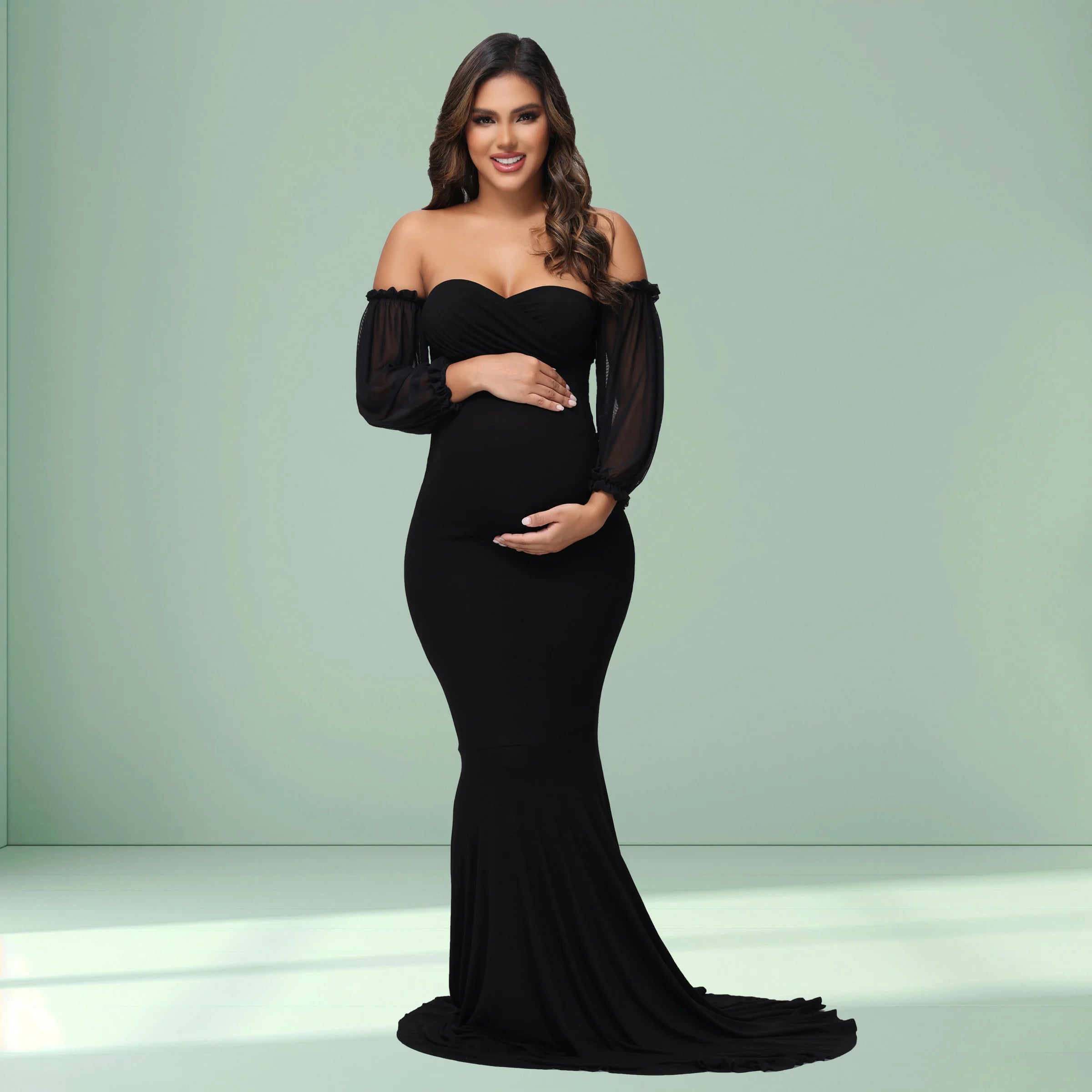 Maternity Dress Off-Shoulder Mesh Puff Sleeve Slim Pregnancy Women's Photography Maxi Gowns For Baby Shower Photoshoot