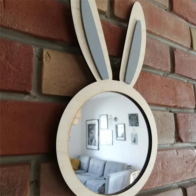Ins Nordic Style Wooden Rabbit Silver Mirror Decoration, Rabbit Ear Decorative Mirror, Fun Rabbit Mirror for Home Room Walls, Perfect Practical Gift for Bedroom and Hallway for Holidays.