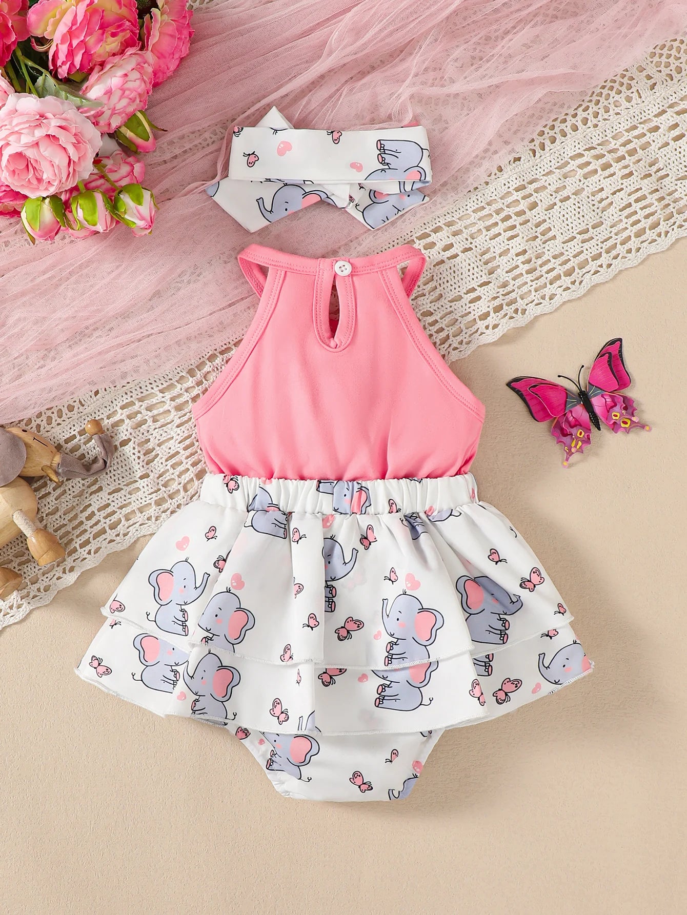 Baby girl Summer Sleeveless Bodysuit Pink Bow Cute Elephant Print Fashionable Bodysuit suitable for 3-24 Months Baby girl