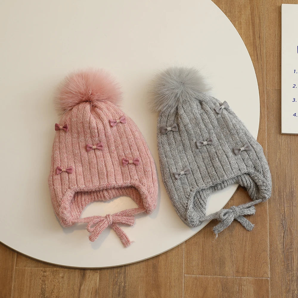 Princess Children Winter Hat for Girls Pompom Bows Kids Bonnet Hat Warm Ears Thicken Children Girl Cap Faux Fur Ball 2-6Y