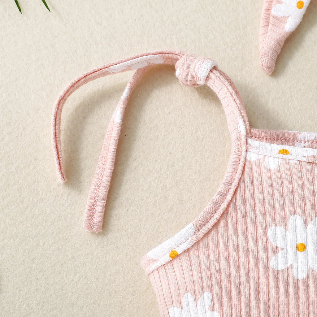 2PCS Summer Girl Crawling clothes Short Sleeve Cotton Short Sleeve  Round Necked Striped Clothes with Flower Printing Headband