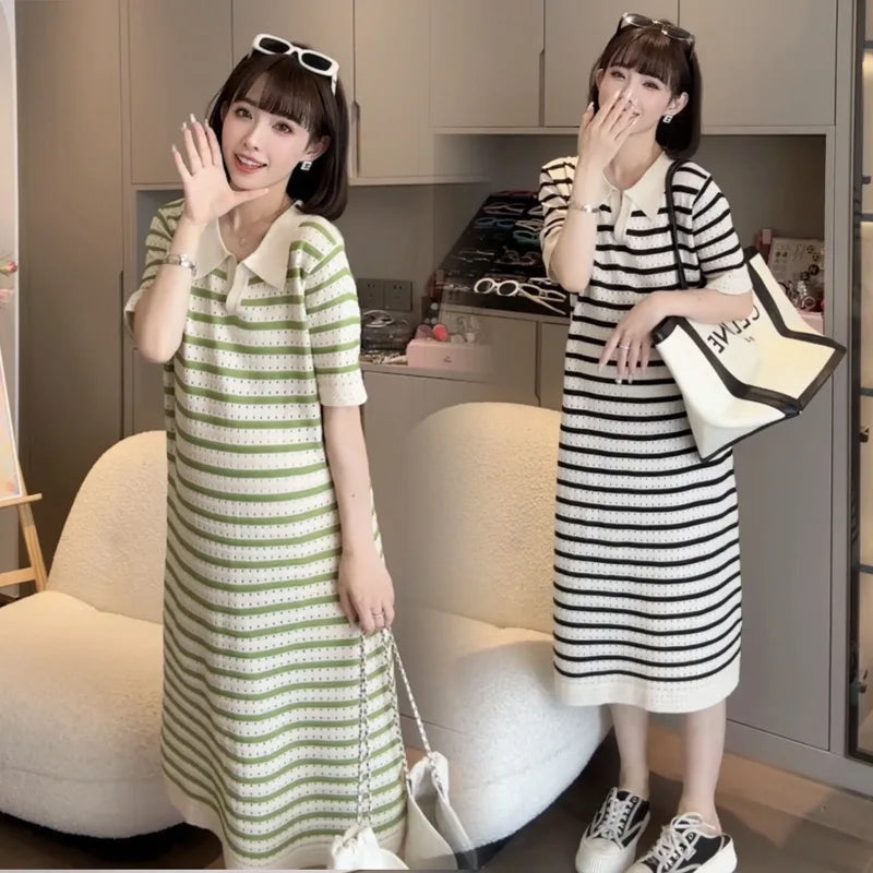 Summer Postpartum Woman Breastfeeding Dresses Short Sleeve Turn-down Collar Hollow Out Striped Maternity Straight Nursing Dress