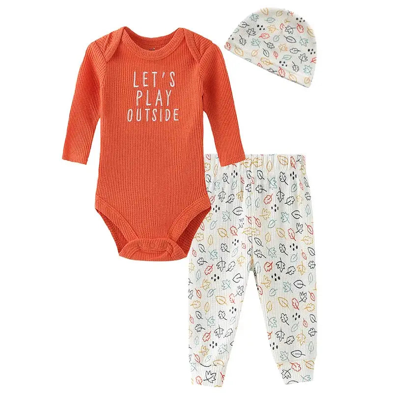 Kiddiezoom Fashion Unisex Spring Autumn Cotton Newborn Clothing Sets Baby Boy Girl Bodysuit+Pants+Hats Infants Clothes