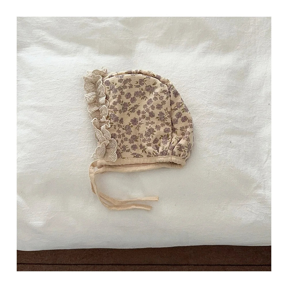 Children Warm Winter Cap Kids Girls Quilted Earflap Hat for Newborns Baby Floral Print Lace Trim Bonnet for Girls Accessories