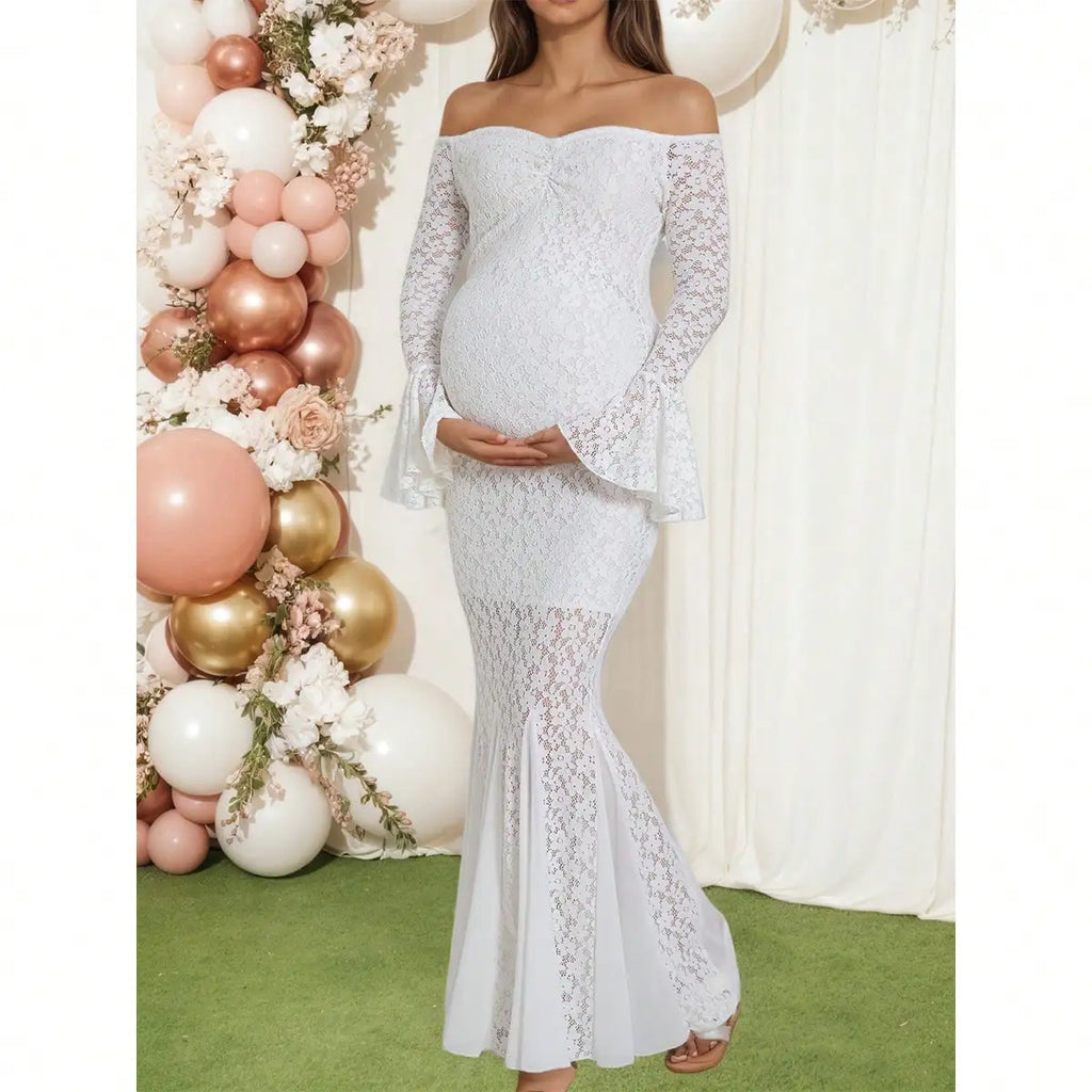 Pregnant Women's White Off Shoulder Lace Long Sleeve Mermaid Maxi Maternity Dress for Baby Shower, Maternity Photo Shoot
