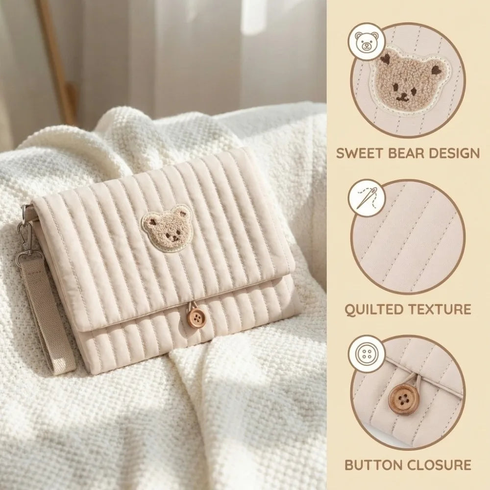 Cute Baby Hanging Diaper Bag Multi-Compartment Cotton Foldable Storage Pouch with Wipe Holder Detachable Strap