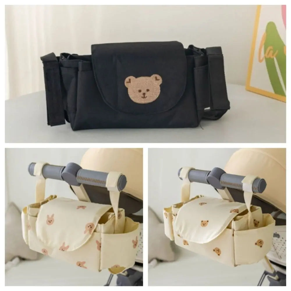Cartoon Stroller Organizer Bag Bear Cloth Pram Storage Bag Large Capacity Multi Pocket Stroller Hanging Bag