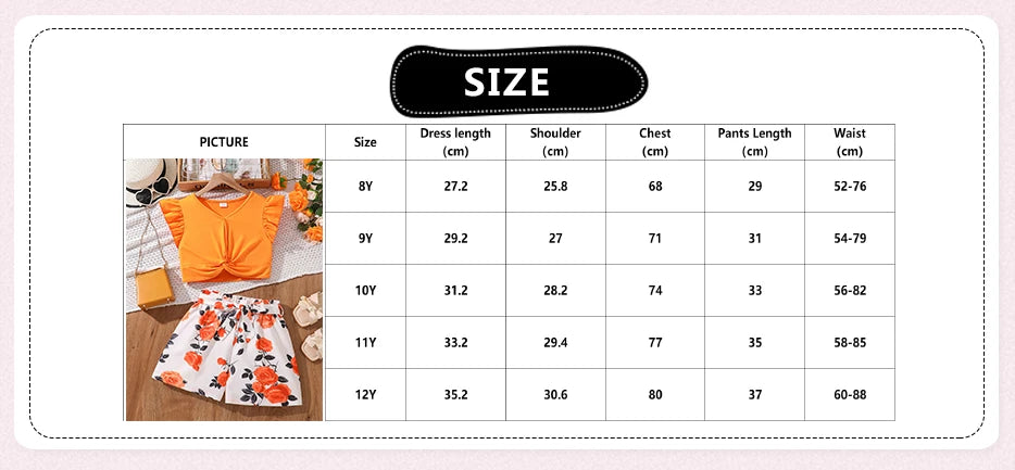Kids Clothing Sets Tween Girls Outfit Orange Knot-Hem Crop-Top & Flowers Parinted Shorts 2PCS Summer Vacation Sets