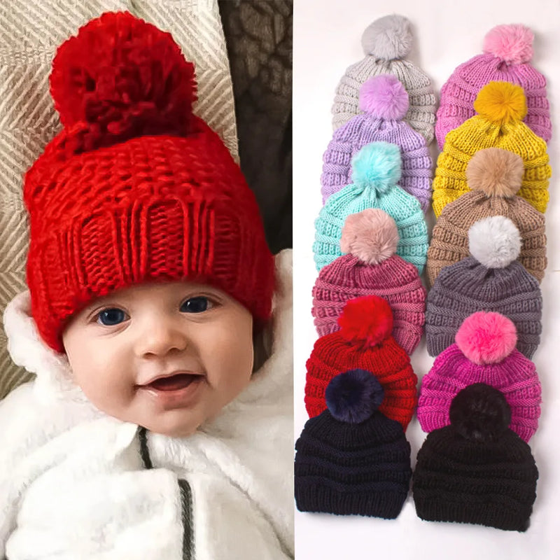 Baby Solid Color Knitted Pullover Hat Children's Ball Warm Hat Autumn and Winter Boys and Girls Cute and Comfortable Knitted Hat