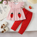 2pcs Summer Baby Girls Strawberry Print Striped Set, Cute Ruffle Sleeve Peplum Top + Watermelon Seed Leggings, Daily Wear/Birthd