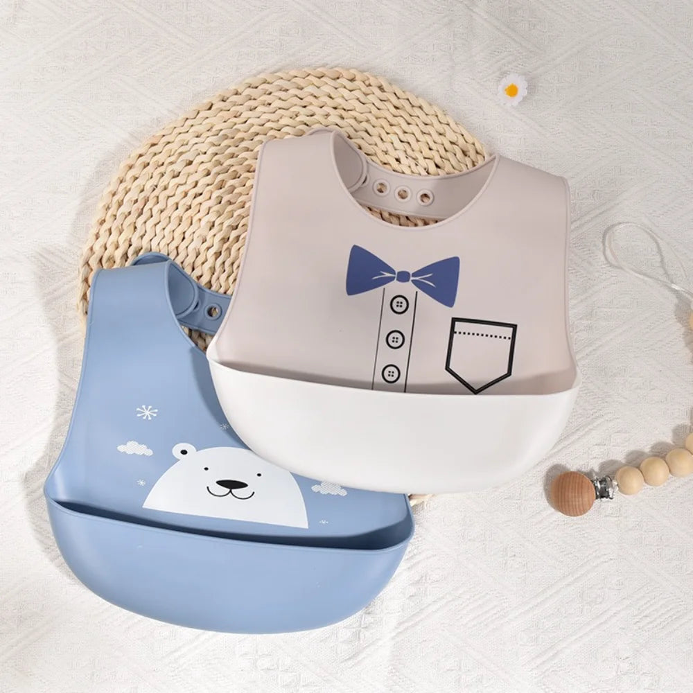 New Hot Soft Silicone Baby Feeding Bibs Waterproof BPA Free Antibacterial Adjustable Toddler Kids Large Pocket Bib Easy Clean