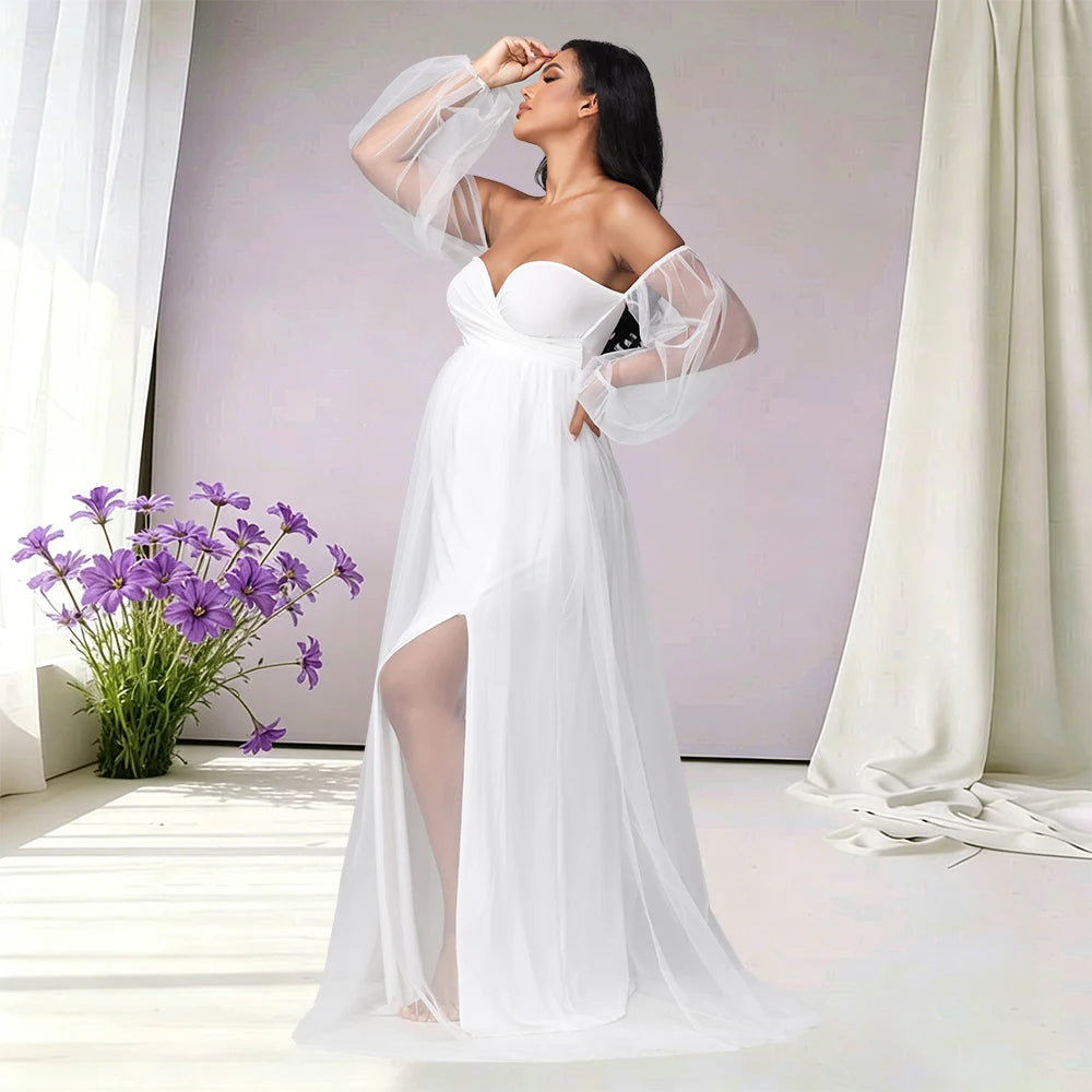 Maternity Sweetheart Neck Puff Sleeves Mesh Dress Side Split Party Gown for Photoshoot