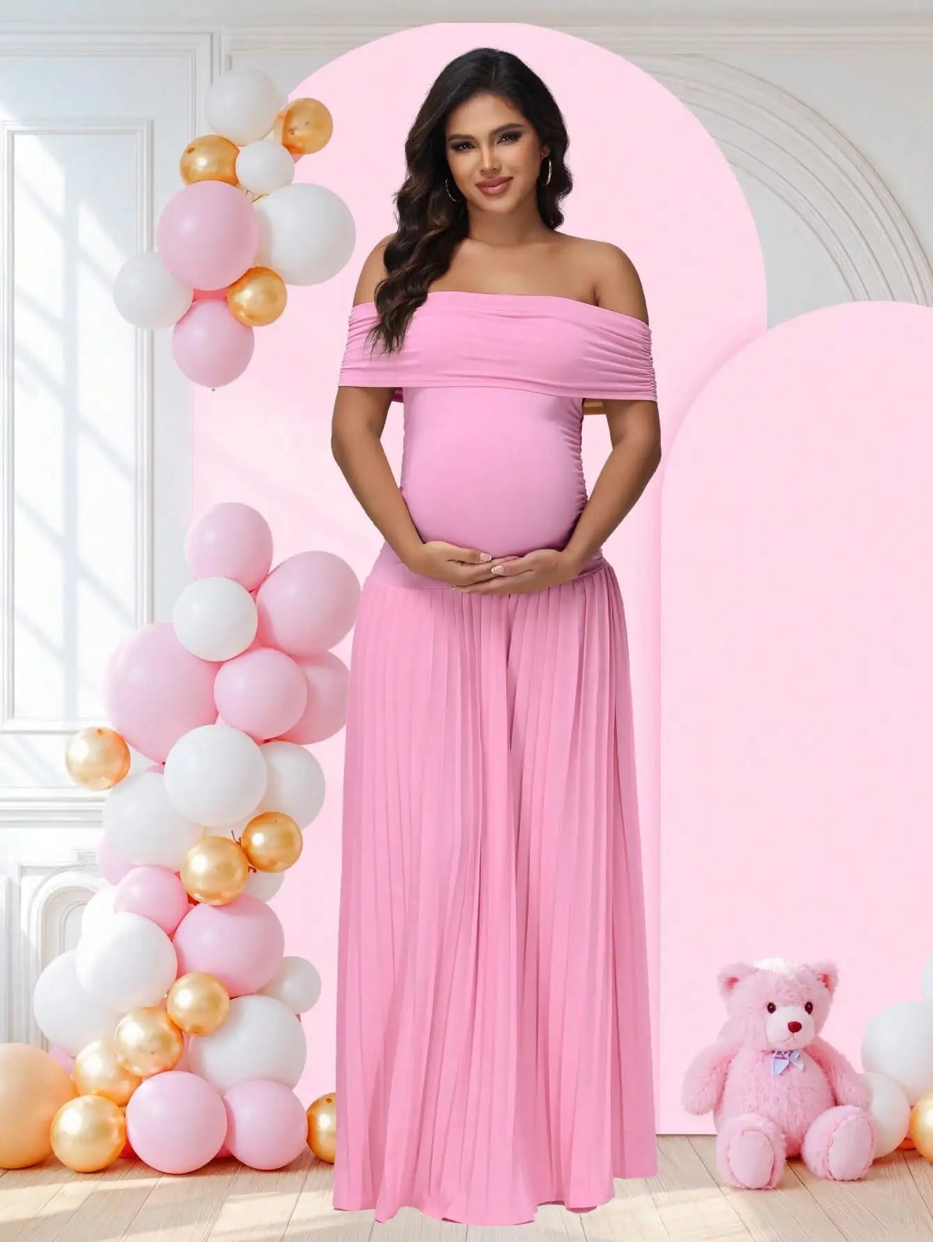 Maternity Off-Shoulder Bodycon Backless Summer Long Dress Pleated Maxi Gown For Baby Shower Photoshoot Model 01
