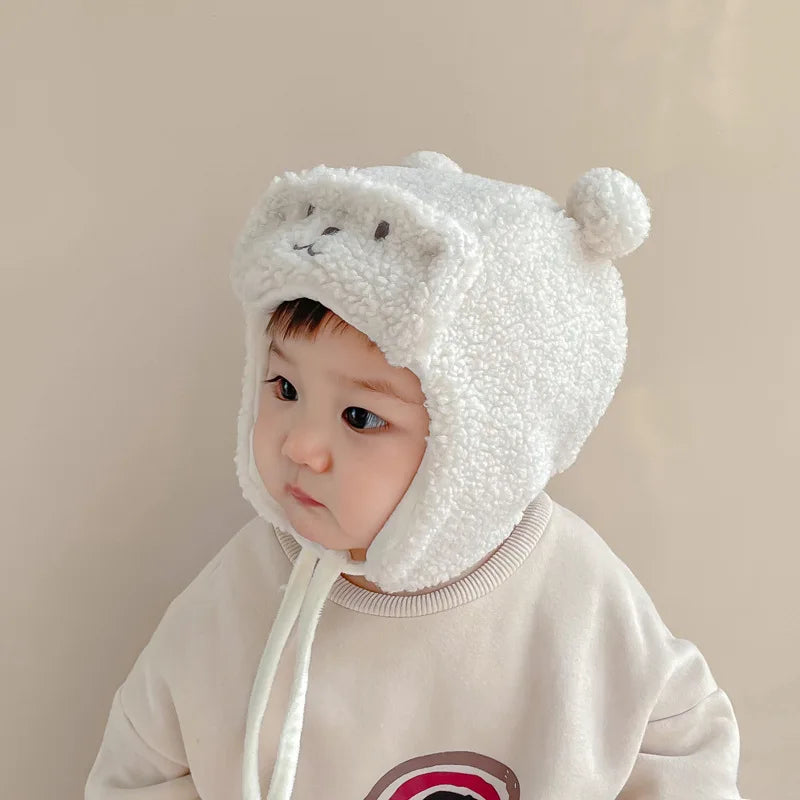 Bear Winter Baby Bonnet Newborn Hat with Earflap Thick Warm Lamb Wool Toddler Hats Infant Beanie Baby Girl Boy Cap 0-12M