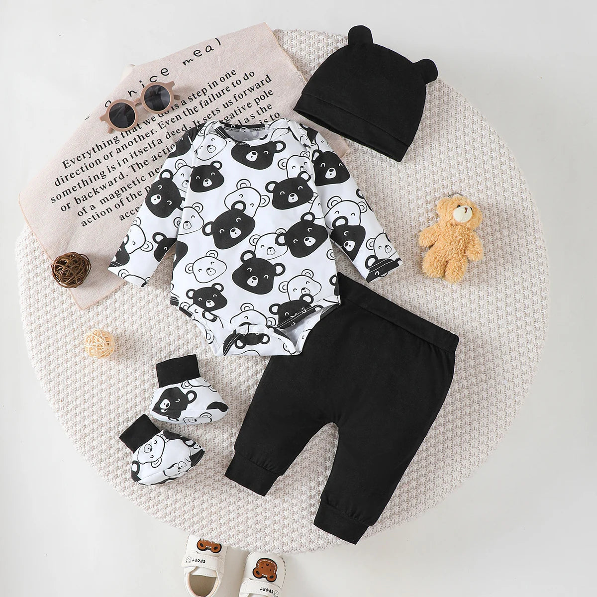 Little Bear 0-9 Months Baby Boy Set Long Sleeve Bodysuit Pants Hat Socks 4-Piece Autumn Clothing