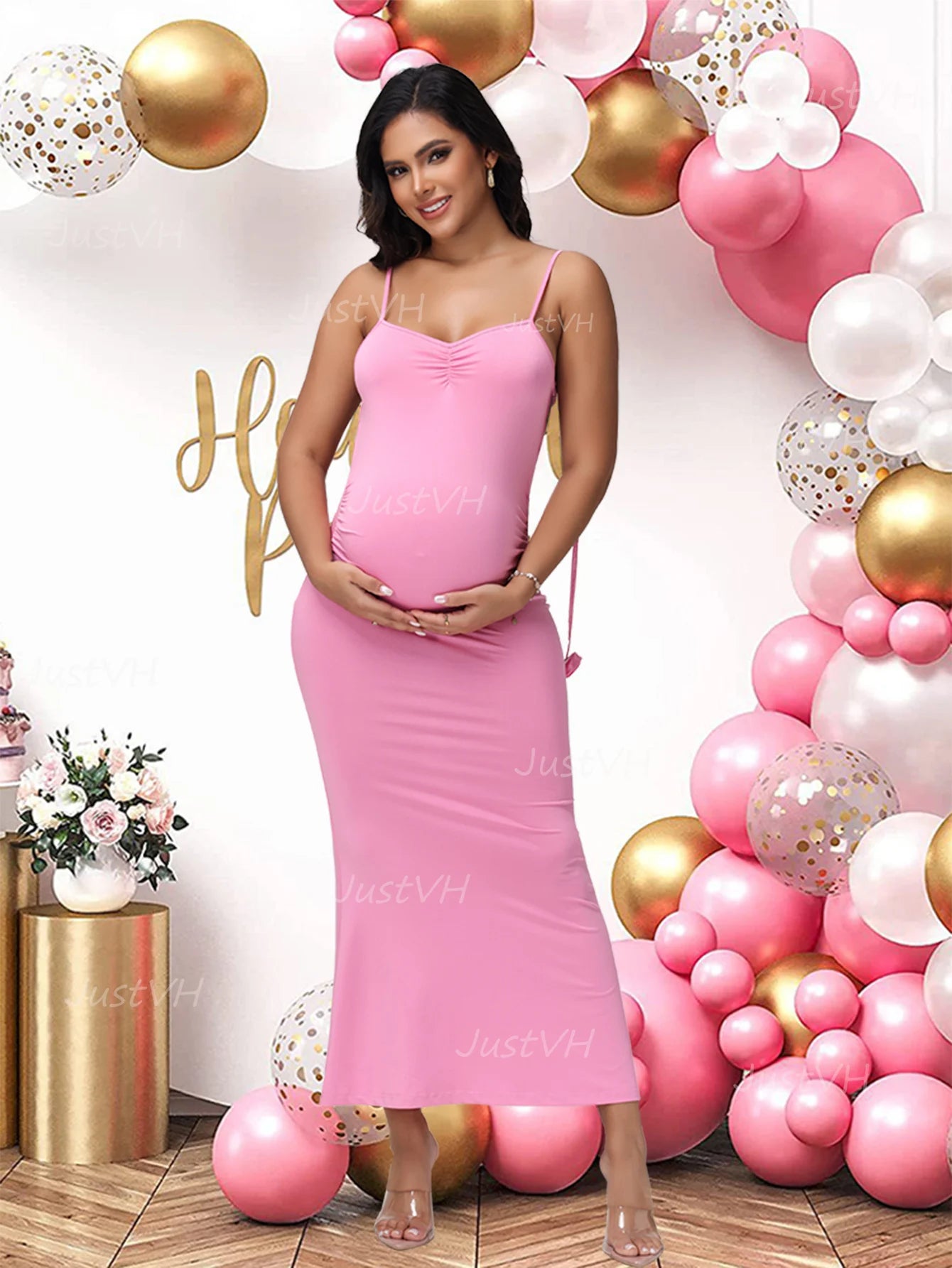 Maternity 3D Floral Decor Straps Summer Dress Photography Backless Bodycon Long Dress for Baby Shower Photoshoot