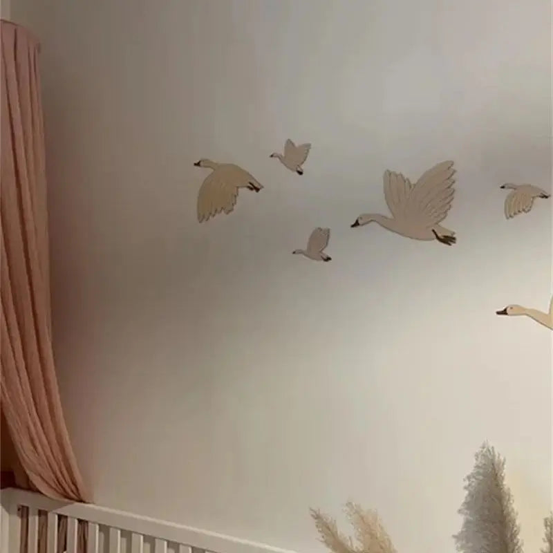 6Pcs/Set Ins Scandinavian Style Wooden Group of Flying Goose Mural Niche Can Be Pasted into the Wall to Cover up Ugliness with Retro Inspiration Wooden Goose Home Background Wall Decoration Nursery Wall Decoration Natural Sty