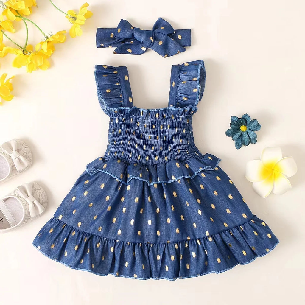 Baby Girl Summer Princess Skirtruffled Edges Shoulder Straps Dress+Headband 2Pcs for 0-3 Year old Toddlers' Birthday Party Dress