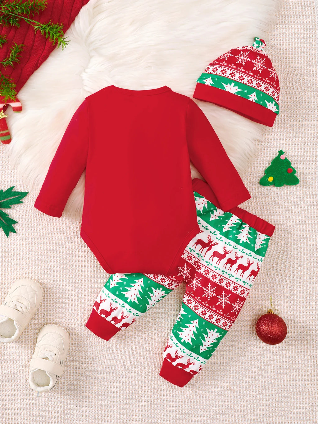 3Pcs Baby Boy Christmas Set Christmas Tree Printed Long Sleeve Bodysuit+Long Sleeve+Hat Set 0-18 Months Baby Boy Festival Set