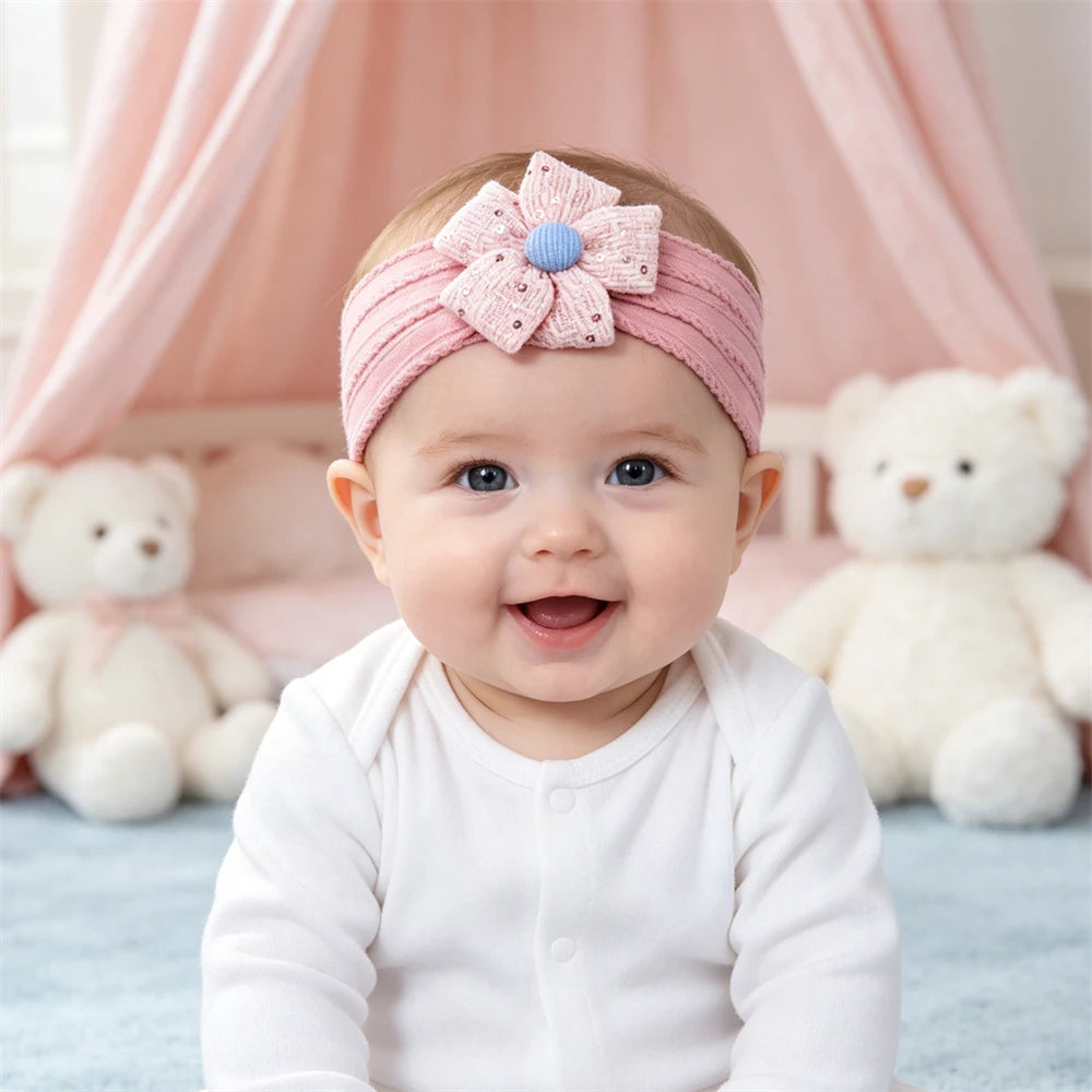 2026 New Arrival Baby Girl Flower Headband Soft Nylon Elastic Turban Sequin Tweed Bow Newborn Hairbands Toddler Hair Accessories