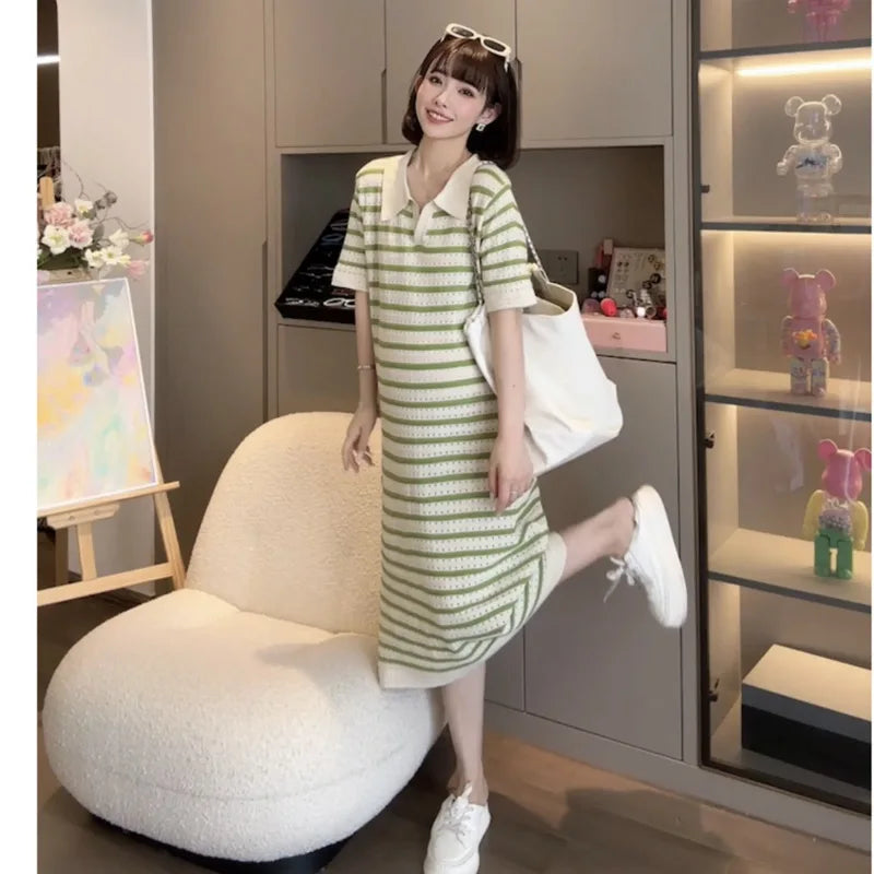 Summer Postpartum Woman Breastfeeding Dresses Short Sleeve Turn-down Collar Hollow Out Striped Maternity Straight Nursing Dress