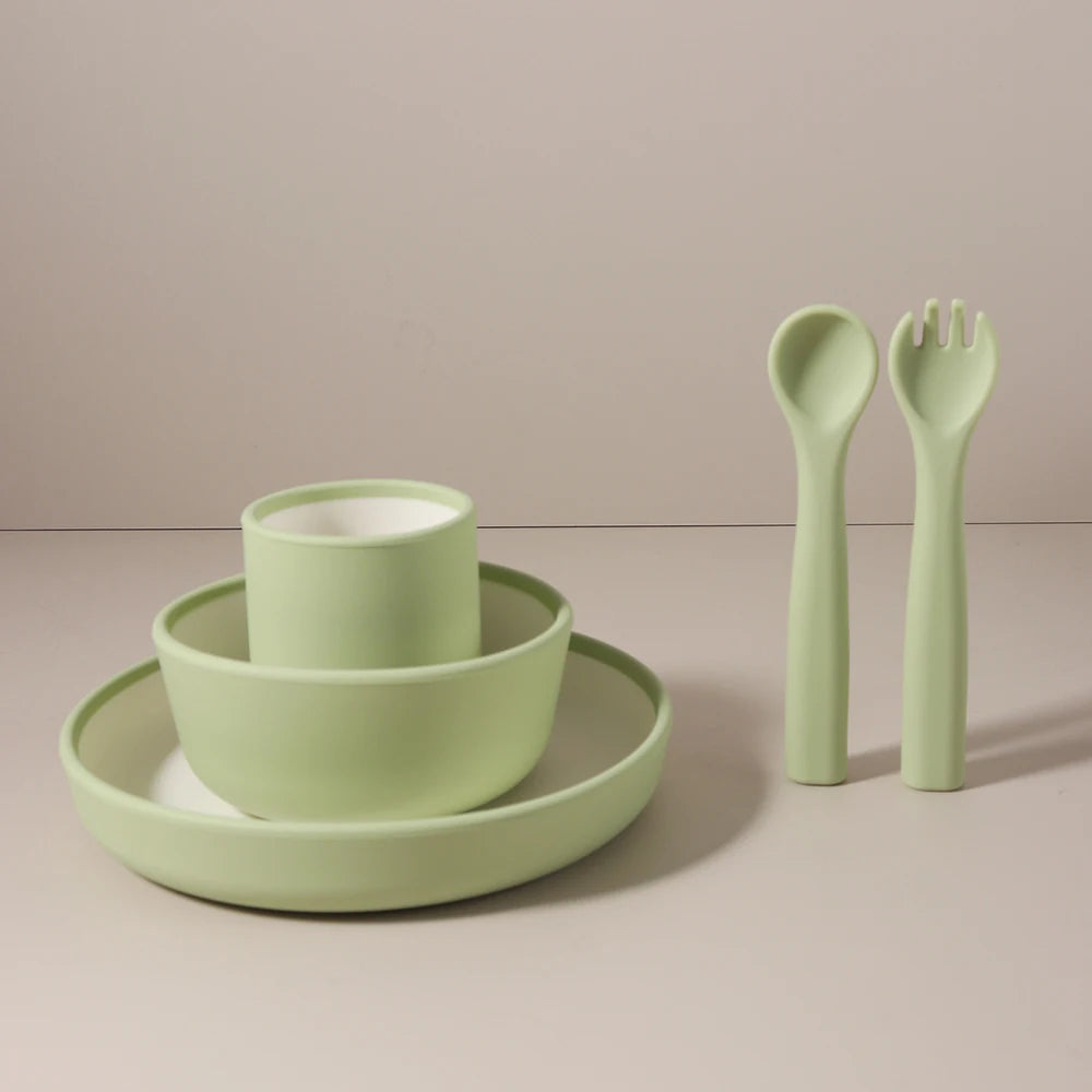 Minimalist Silicone Baby Feeding Set, 5-Piece No Suction Cup Plate Bowl Cup Fork Spoon Set, 1st Birthday Gift