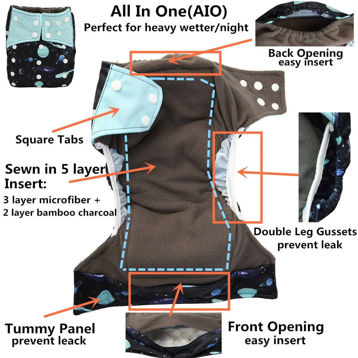 ALL IN ONE Charcoal Bamboo Baby Cloth Diaper Nappy Washable Sewn Insert Double Gussets AIO Night Heavy Wetter