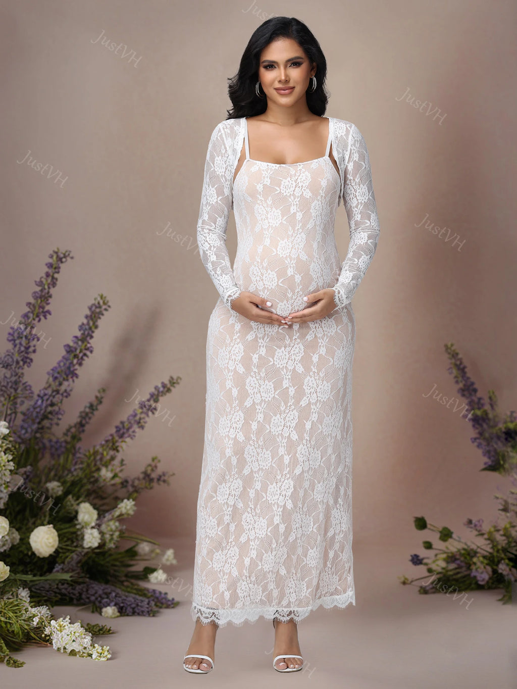 2026 Women's Maternity Long Sleeve Top & Spaghetti Strap Dress 2Pcs Photography Outfits Floral Lace Gown for Baby Shower Party