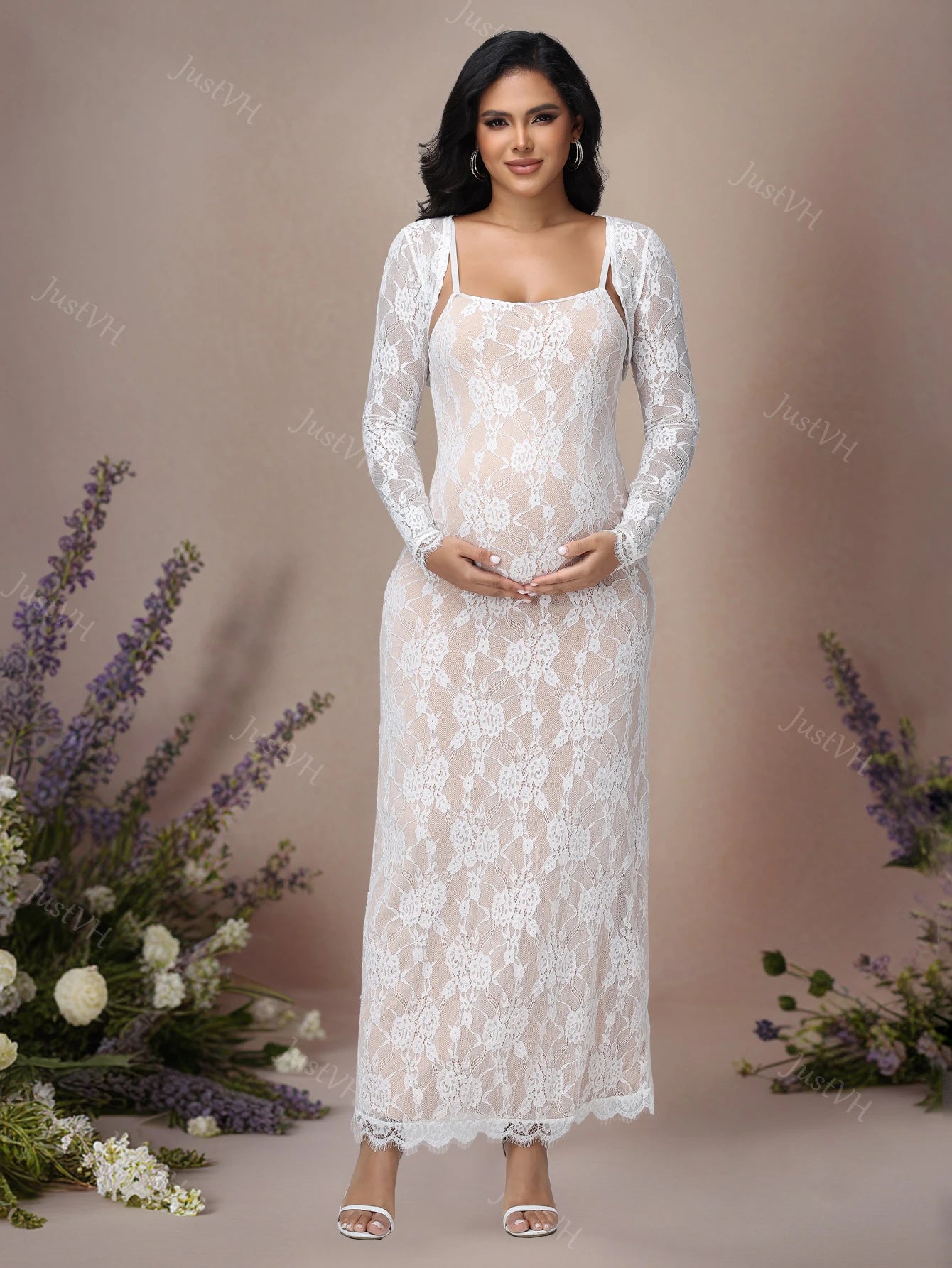 2026 Women's Maternity Long Sleeve Top & Spaghetti Strap Dress 2Pcs Photography Outfits Floral Lace Gown for Baby Shower Party