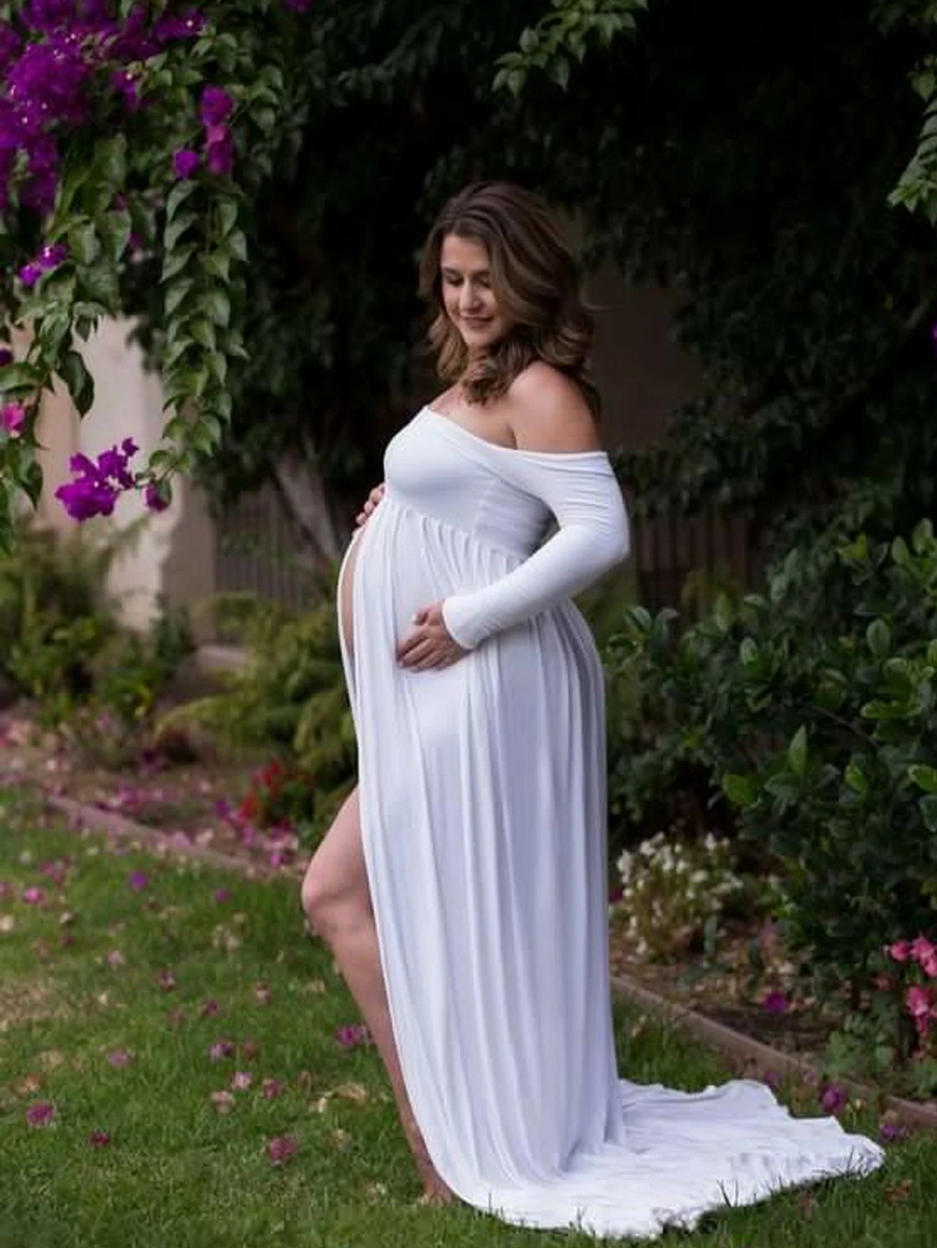 Maternity Sexy One Shoulder Front Slit Long Sleeved Dress for Pregnant Women Photo Photography Dress Ladies Dess Wedding Party