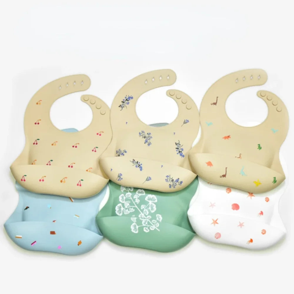 New Baby Bibs BPA Free Waterproof Soft Silicone Saliva Solid Dripping Bib Cartoon Print Adjustable Lunch Aprons Baby Accessories