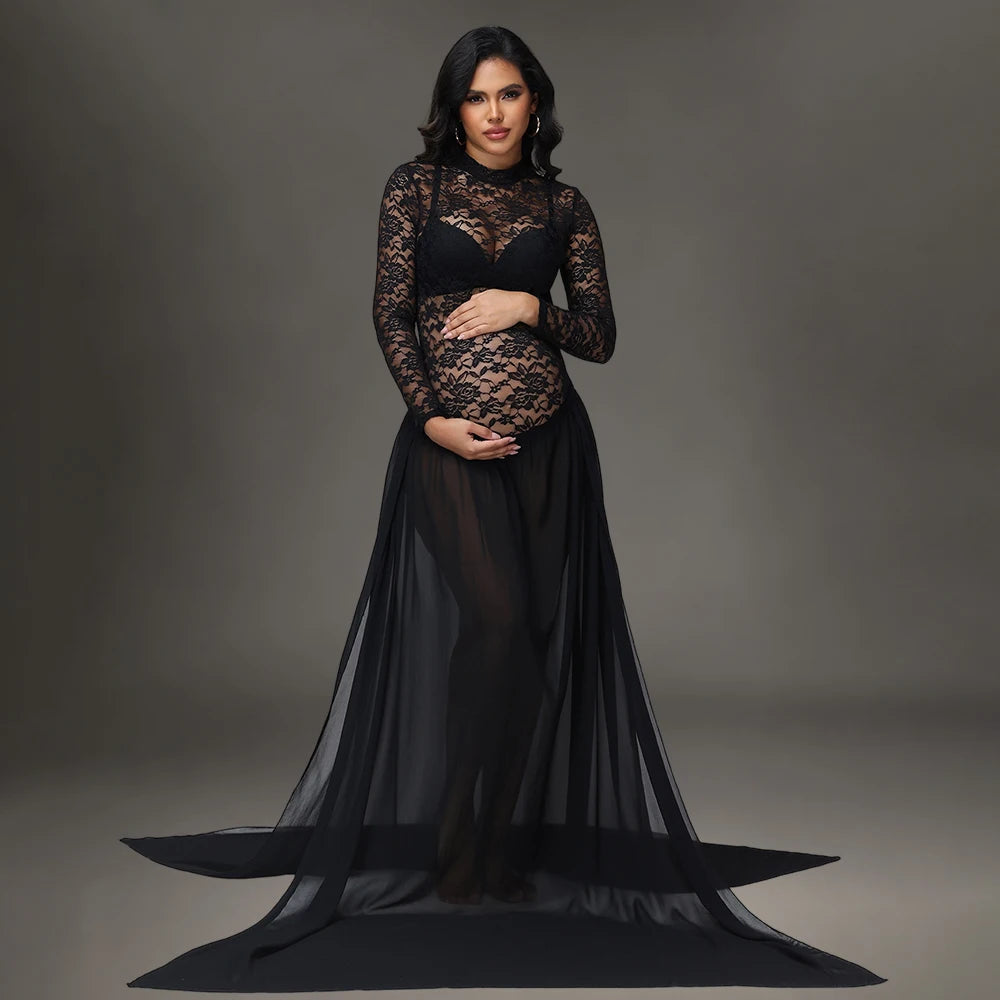Maternity Long Sleeves Lace Dress See-Through Bodysuit and Maxi Chiffon Skirt 2Pc Outfit for Photoshoot Baby Shower