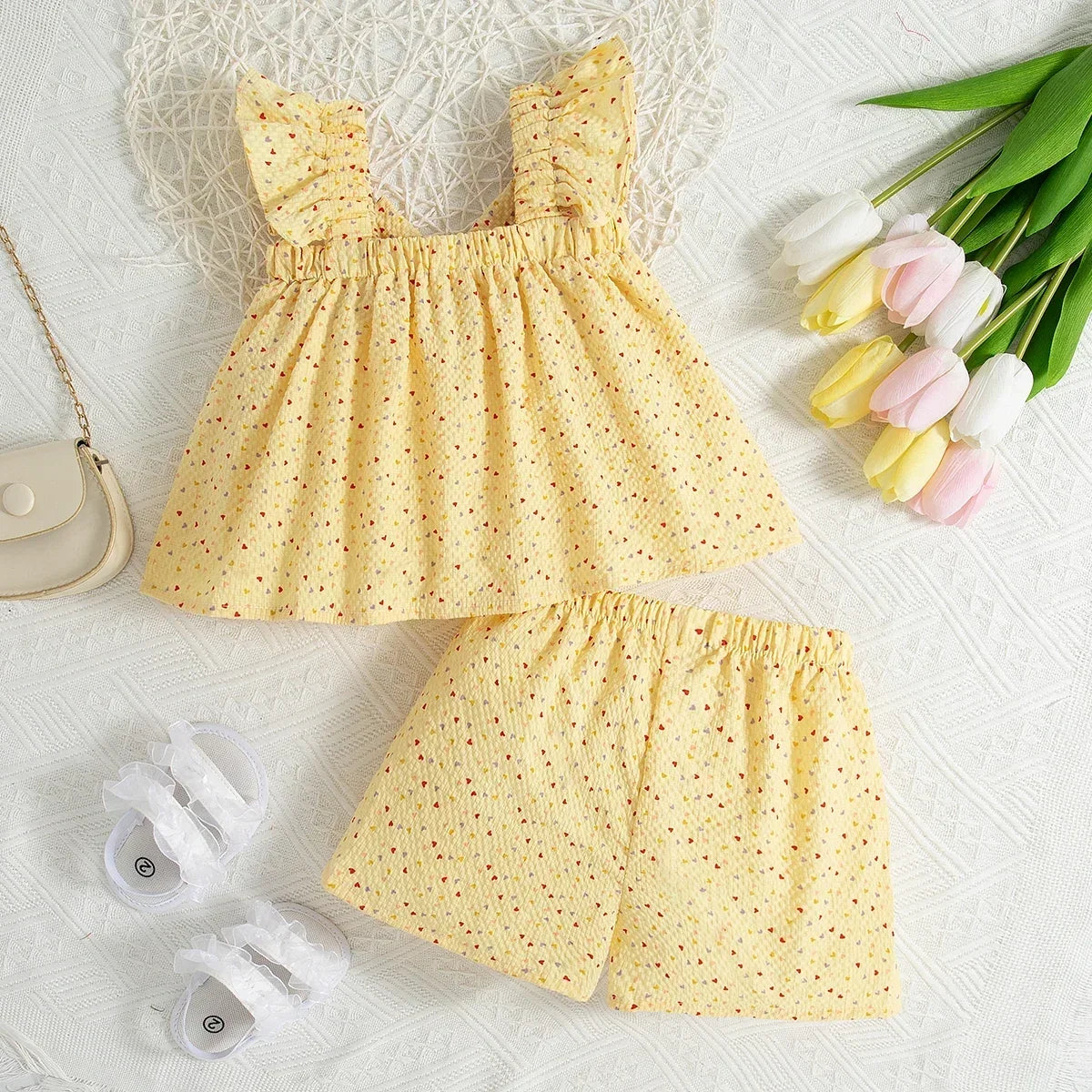 2pc/Set Baby Girl Set Summer Love Polka Dot Bow Top Shorts Girls' Clothing Cute Beach Children's Set
