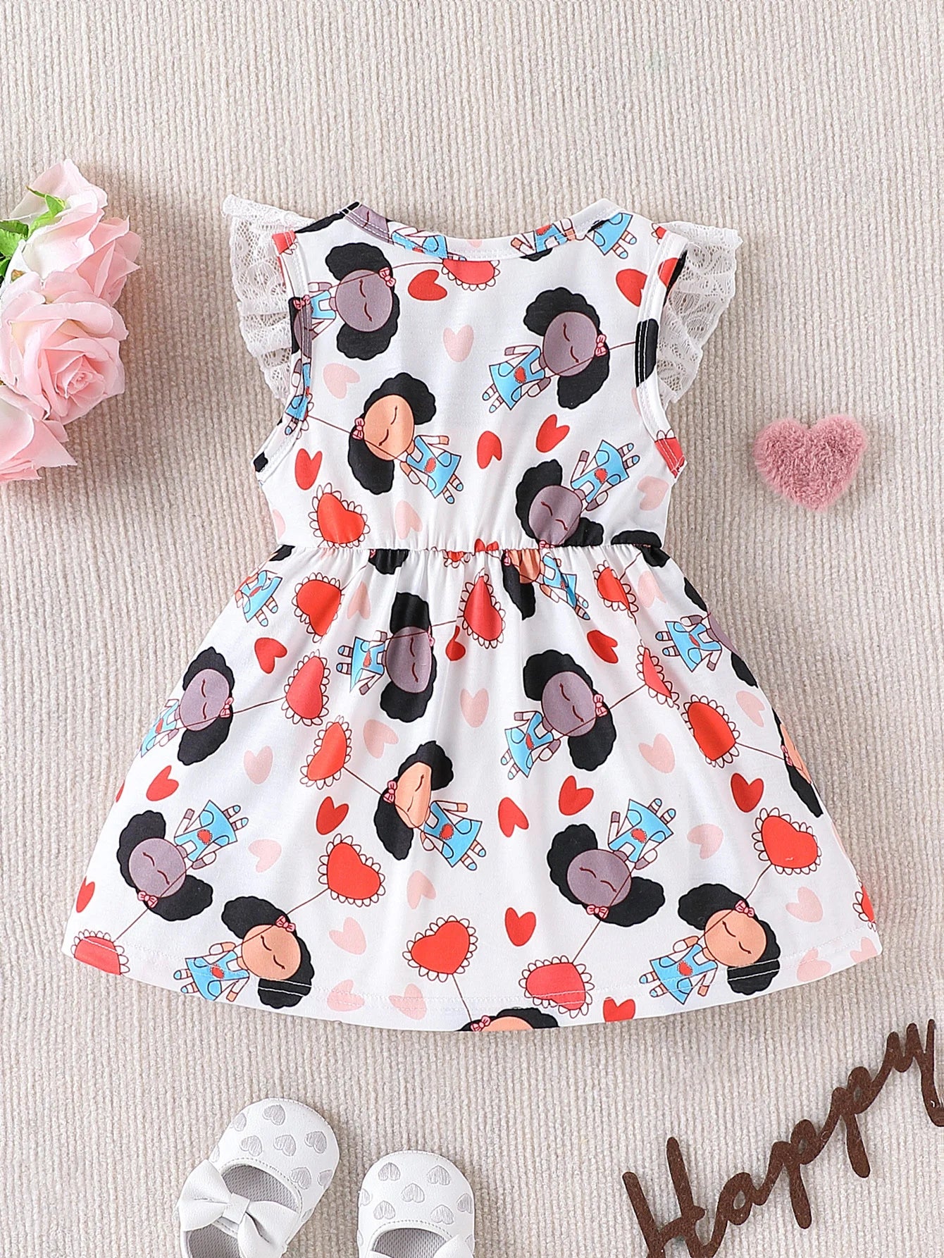 Summer Fashion Baby Girl Full Body Printed Lace Vest Dress with Bow Decoration round Neck Lace Decoration