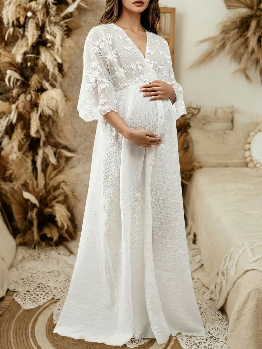 Pregnant Women's White Lace Maternity Maxi Dress V-Neck Flared Sleeves for Baby Shower, Pregnancy Photoshoot & Wedding Guest